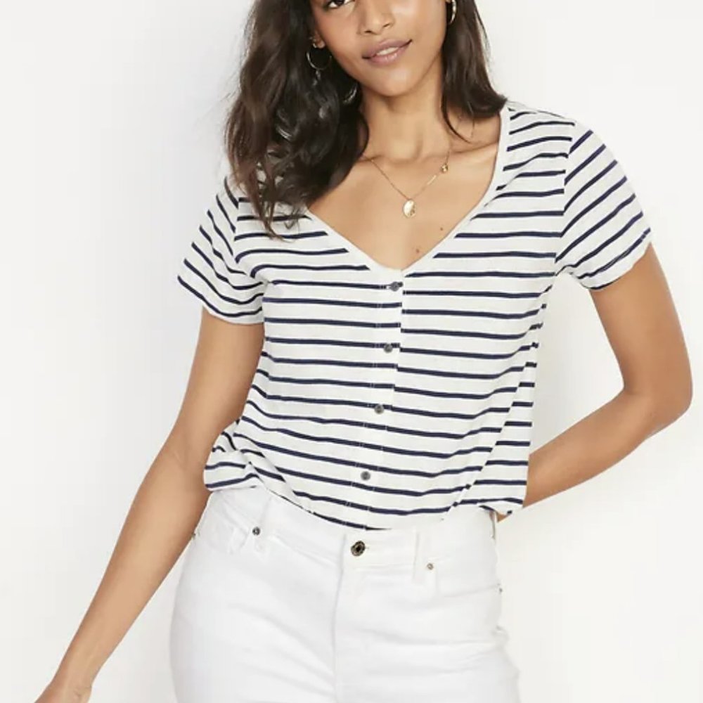Striped Slub-Knit V-Neck Button-Front Top